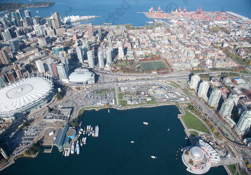 D4S4834 
 False Creek - Vancouver City, Aerial View looking north. 
 Keywords: False Creek, Stadium, Science World, Gastown, Chinatown, Canada Place, Centennial Pier, Vancouver, Downtown, City, British Columbia, Canada