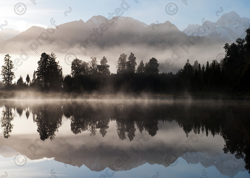 HWP 2418 
 Lake Matheson - sunrise 
 Keywords: Lake matheson, new zealand, sunrise, mist, calm, tranquil, serene, mirror, lake,