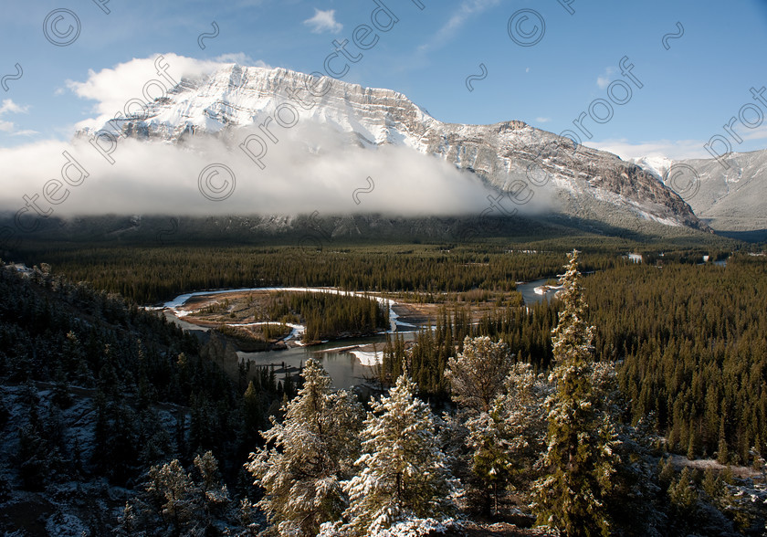 HWP 2887 
 Bow River, Banff, Alberta 
 Keywords: Bow River, Banff, Alberta, Pine, Forest, Mountain, Snow, Rockies, Canada